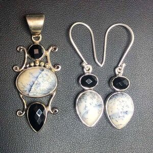 2604 Arya Sterling Silver 925 Dendritic Agate & Onyx Pendant & earring set 17.9g